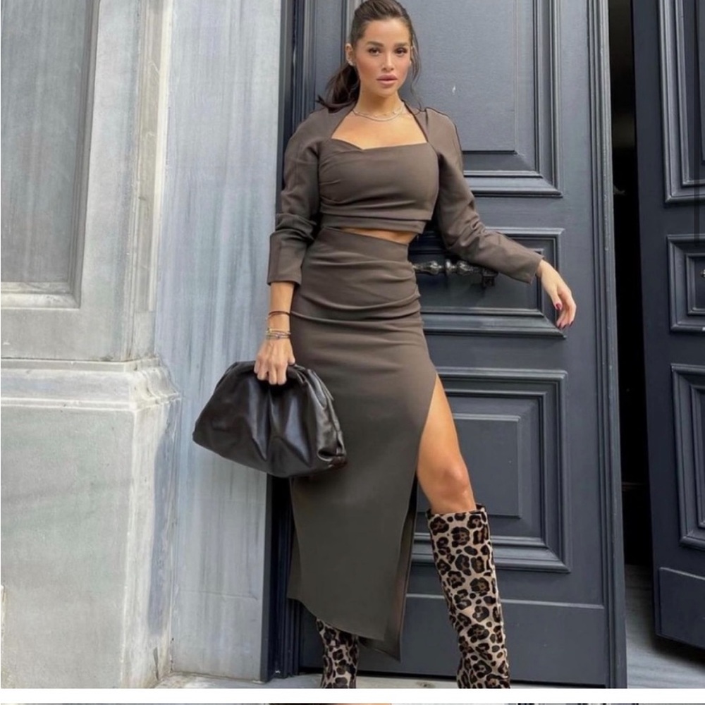 Zara Brown Draped Midi Skirt Set!